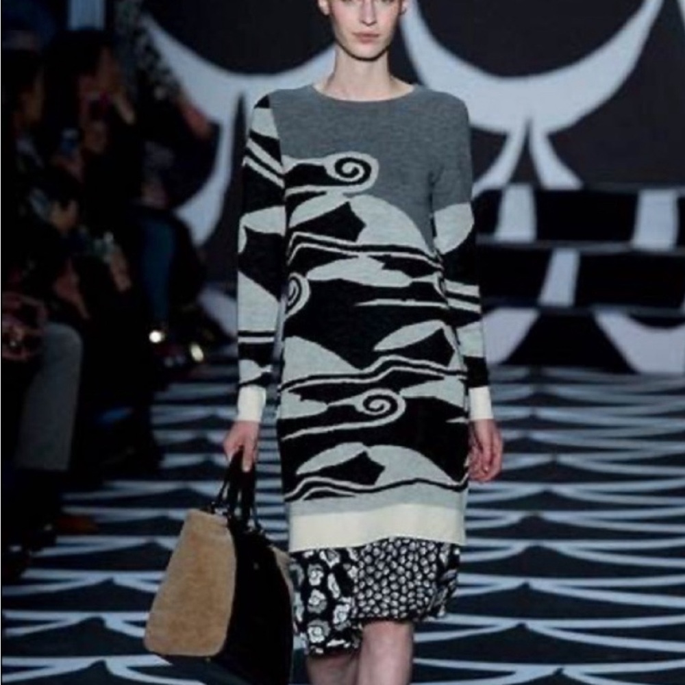 Diane von Furstenberg Multicolor Intarsia Cloud Patterned Wool Sweater Dress
